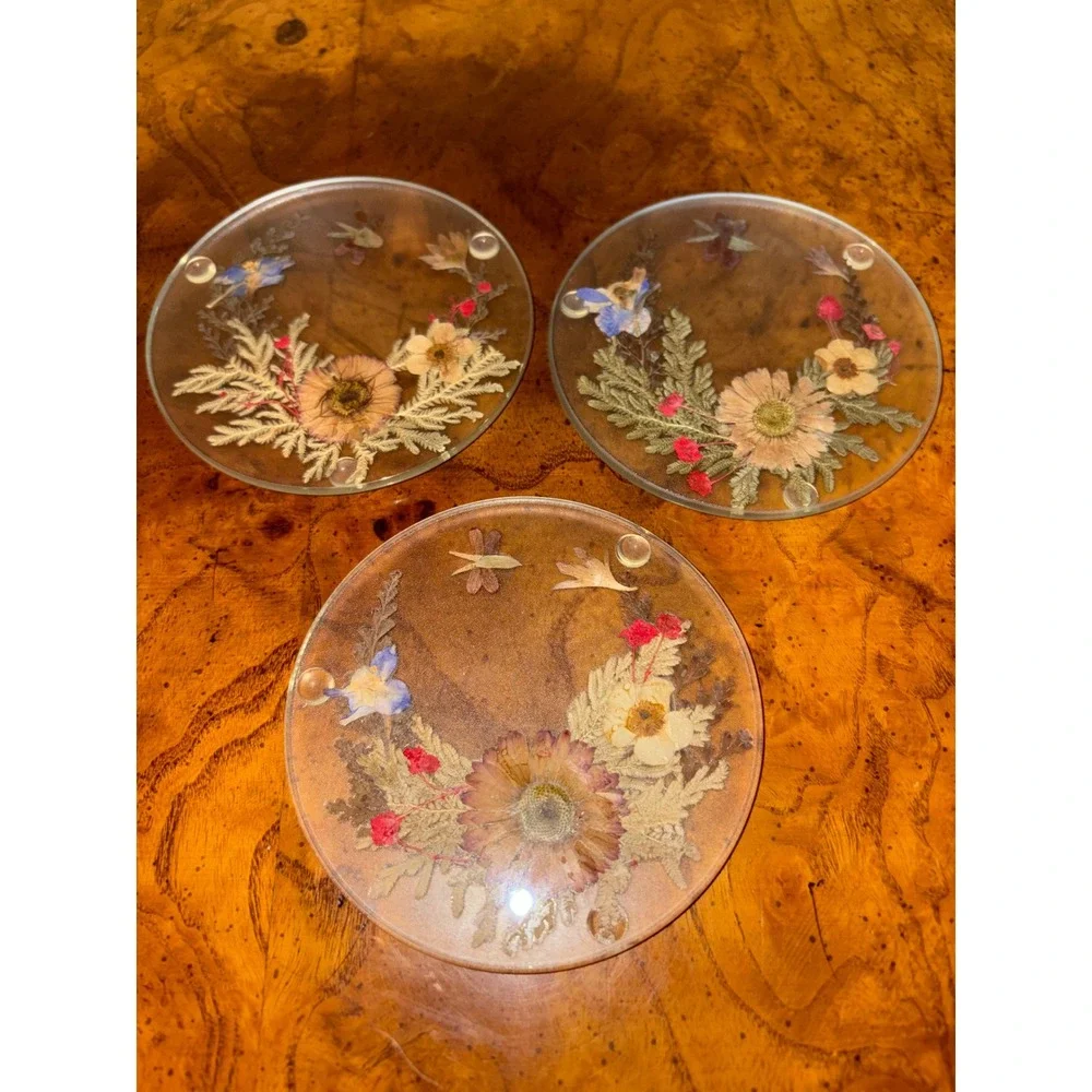 Vintage Dried Pressed Flowers Glass Coaster Set of 3 Botanical Floral 4 Inch